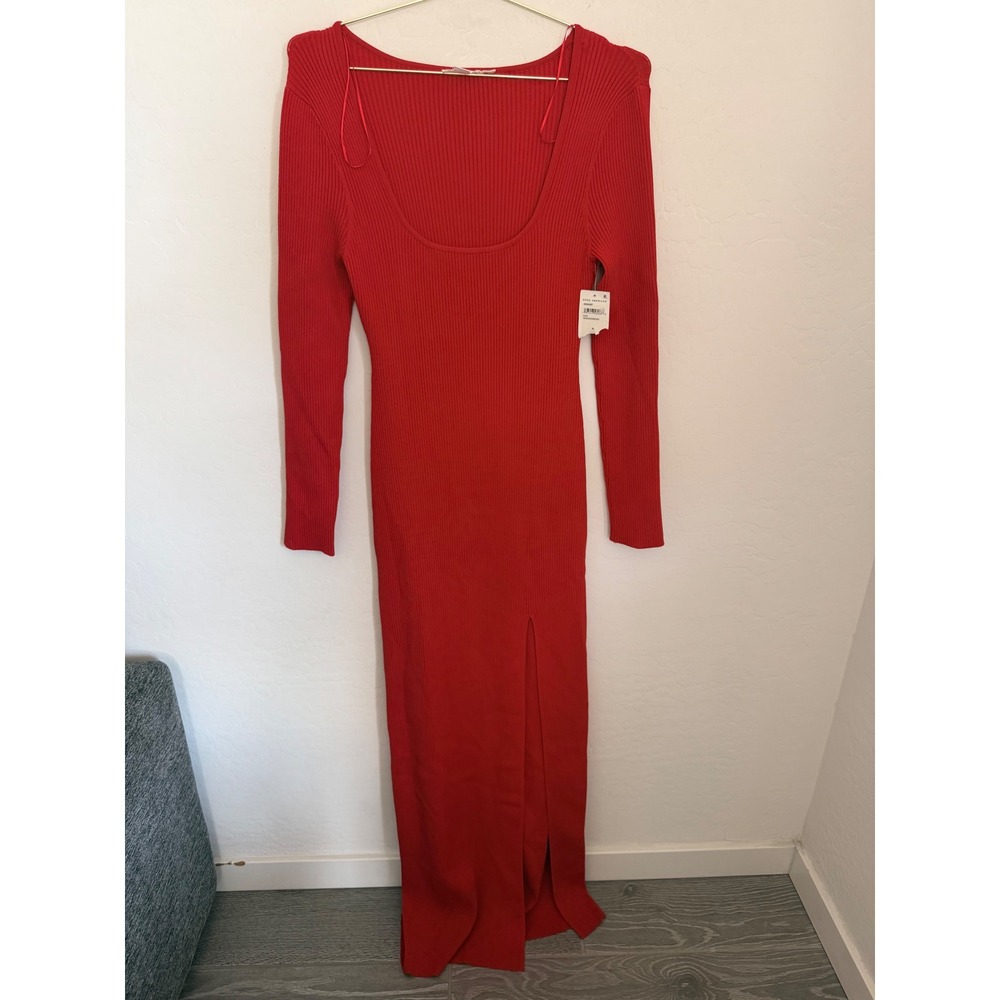 Good American Ribbed Maxi Dress Red Long Sleeve Scoop Neck Side Slit XL NWT